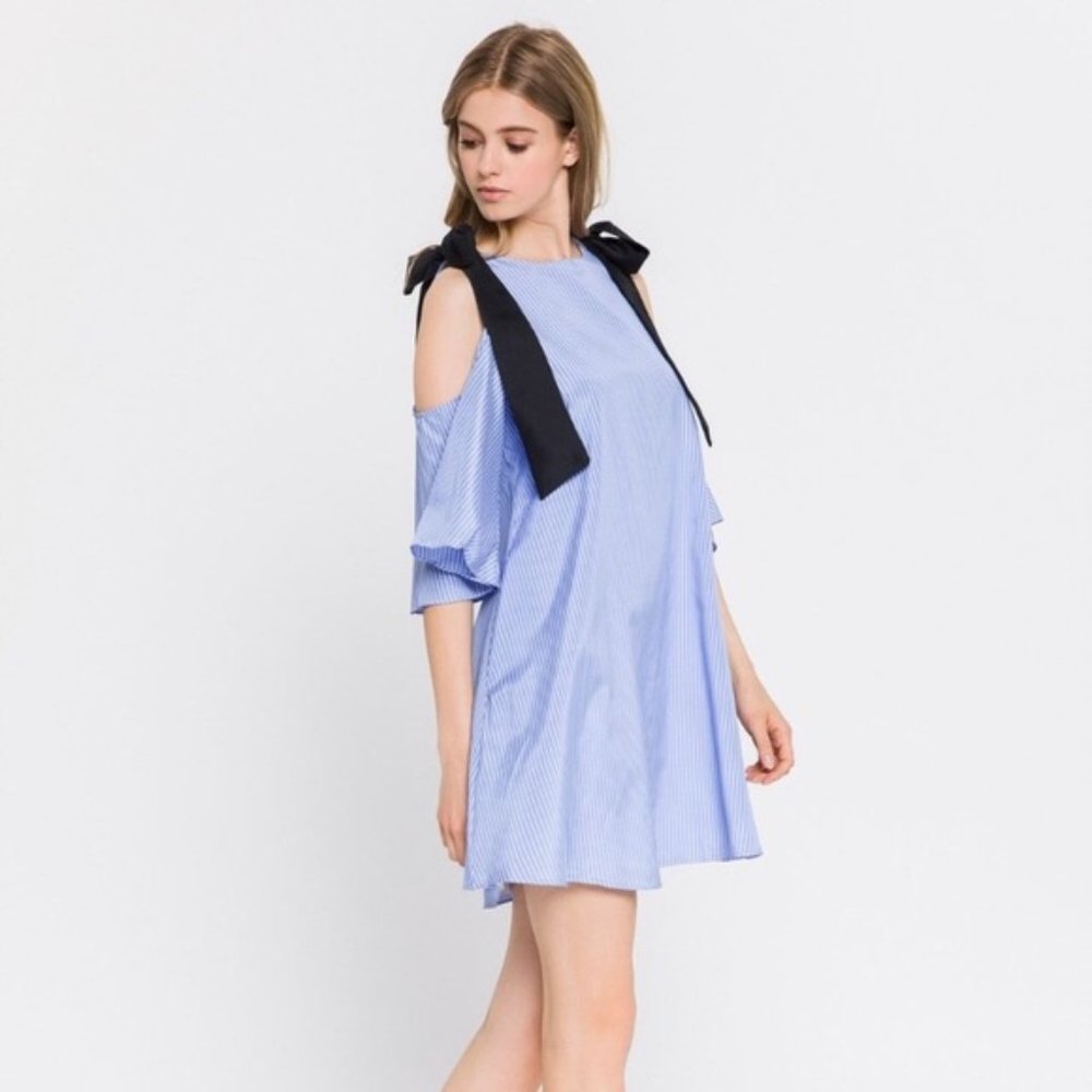 English Factory Blue Striped Cold Shoulder Dress